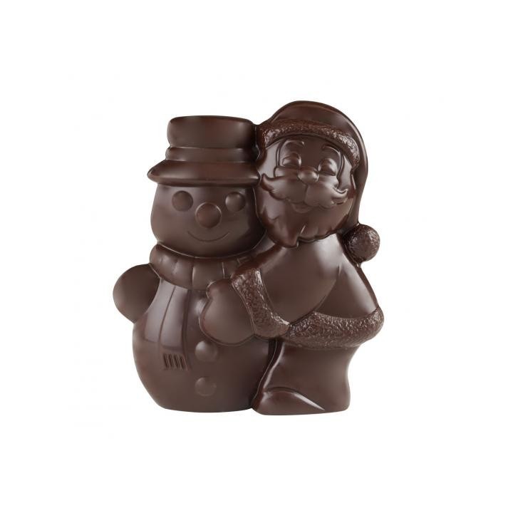 Un petit père noël qui enlace un bonhomme de neige en chocolat noir.